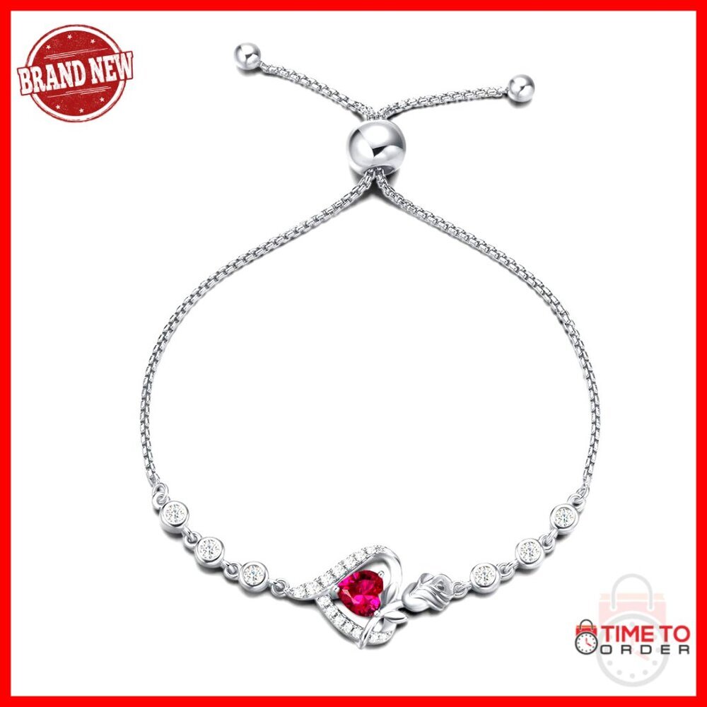 Sterling Silver Tennis Bracelet Elegant Rose Heart Pendant Adjustable Length